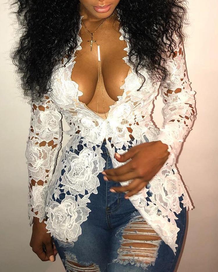 

Low Cut Floral Lace Top, White