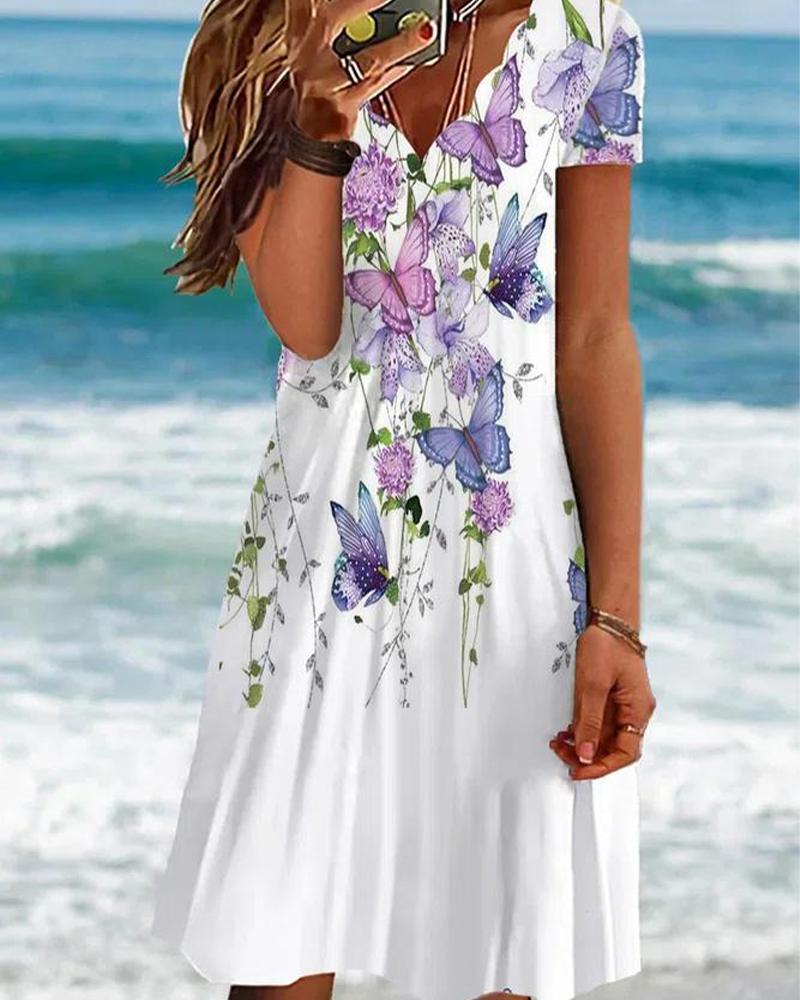 

Butterfly Print Scallop Trim V-Neck Casual Dress, White