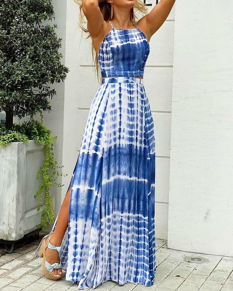 

Tie Dye Print Crop Top & Split Hem Skirt Set, Blue
