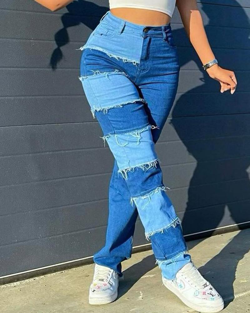 

Fringe Hem Colorblock High Waist Jeans, Blue