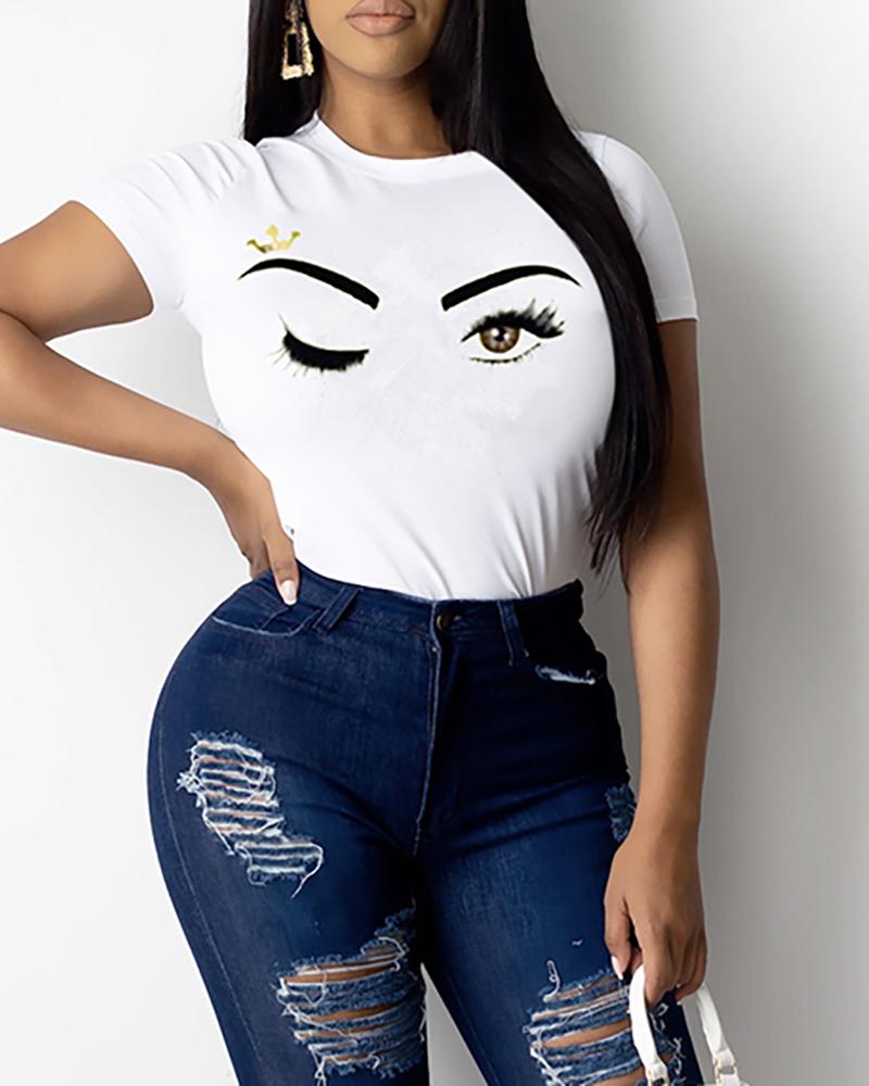 

Eyes Print Short Sleeve Casual T-shirt, White