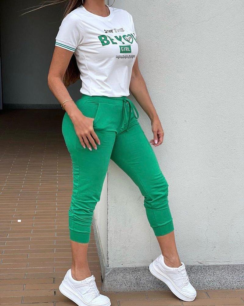 

Stay True Be You Girl Print Striped Short Sleeve Top & Drawstring Pants Set, Green