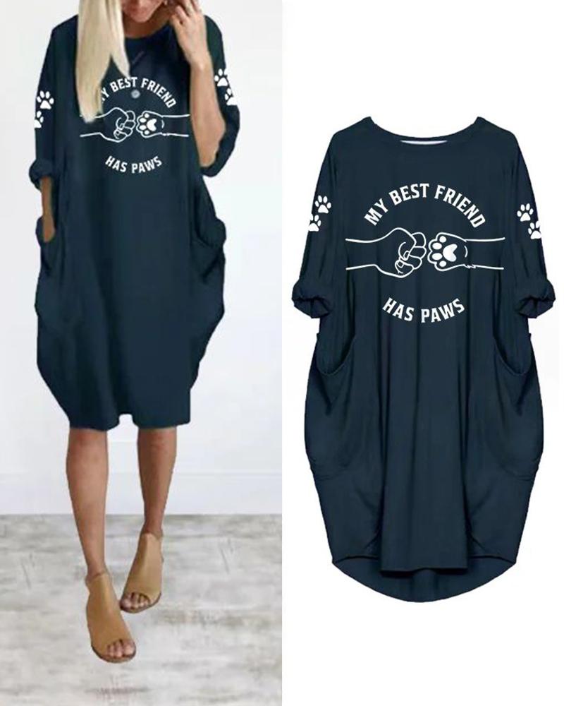 

Puppy Claw Letter Graphic Print Casual Dress, Purplish blue