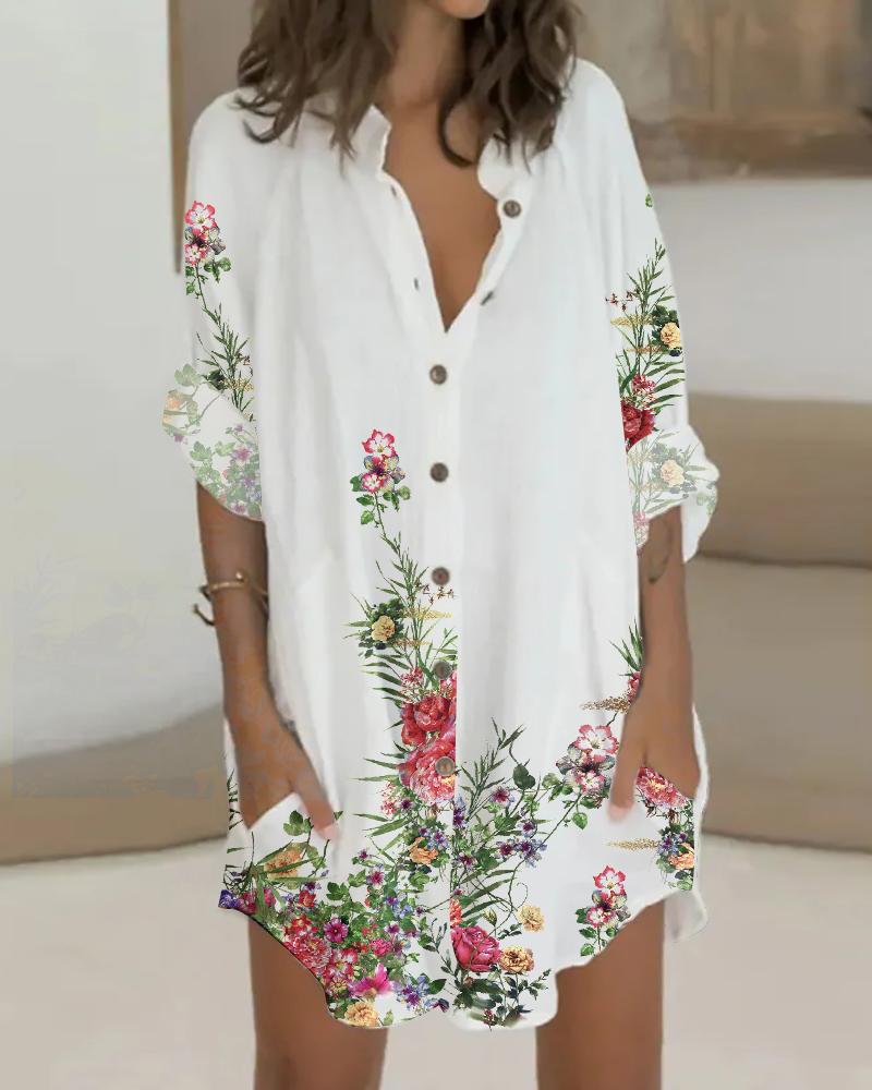 

Floral Print Buttoned Half Sleeve Shirt Dress, White