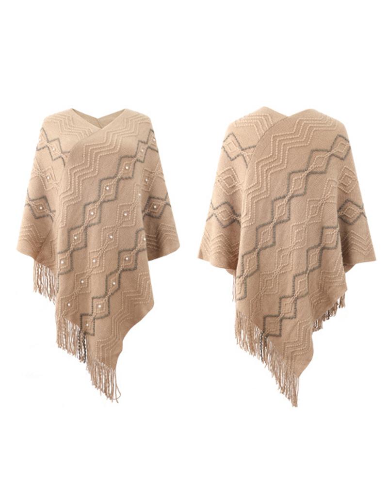 Geometric Pattern Pearls Decor Tassel Design Knit Cape Sweater