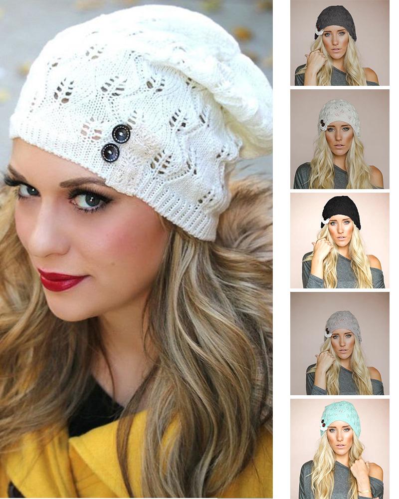

Button Decor Lace Patch Hollow Out Knit Beret, White