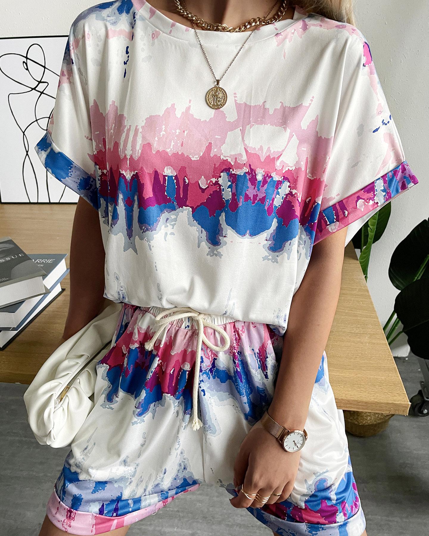

Tie Dye Print T-Shirt & Drawstring Shorts Set, White