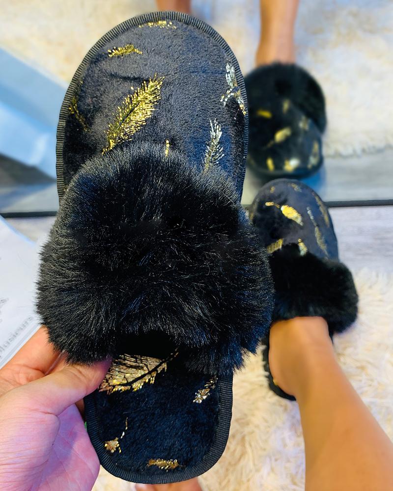 

Feather Embroidery Fuzzy Trim Winter Lined Slippers, Black