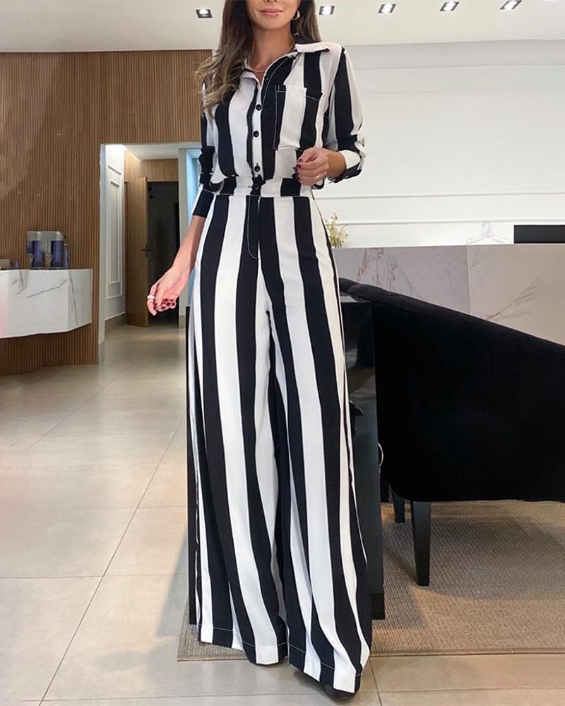 

Striped Pocket Design Shirt & Wide Leg Pants Set, Black