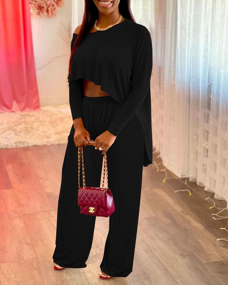 

Plus Size Asymmetrical Crop Top & Wide Leg Pants Set, Black