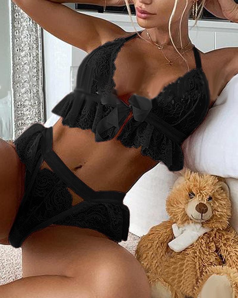 

Crisscross Ruffle Hem Lace Lingerie Set, Black