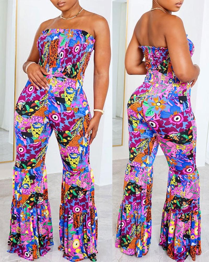 

Plus Size Tropical Floral Print Shirred Flared Jumpsuit, Multicolor