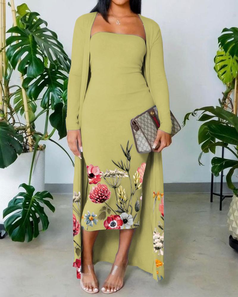 

Floral Print Skinny Tube Dress With Longline Cardigan Set, Green