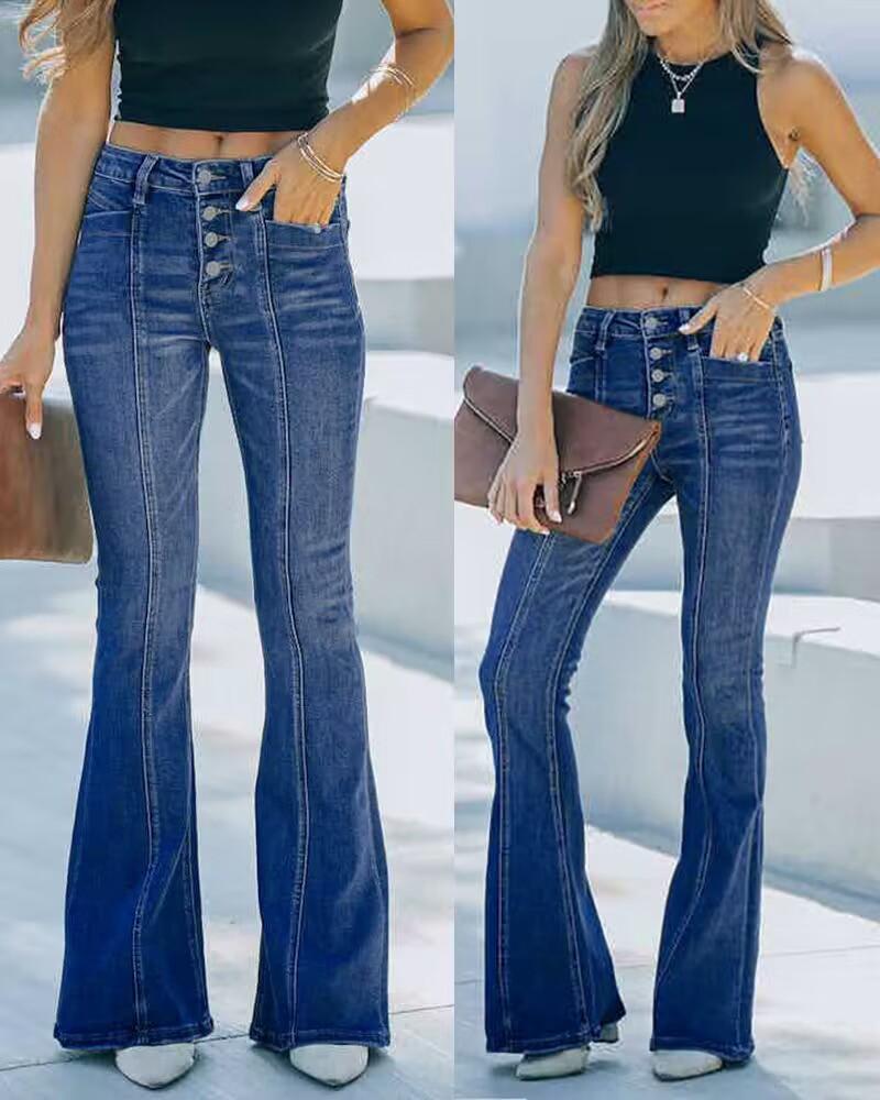

Button Fly Washed Flared Leg Jeans, Blue