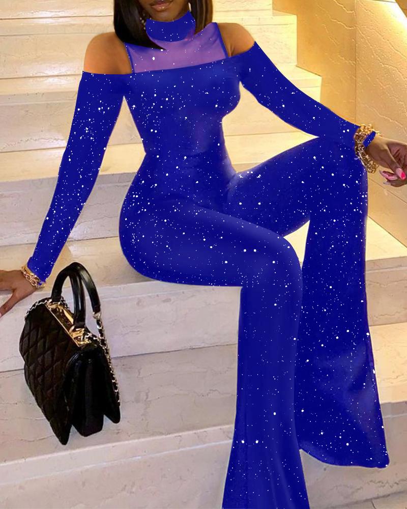 

Glitter Sheer Mesh Patch Jumpsuit, Blue