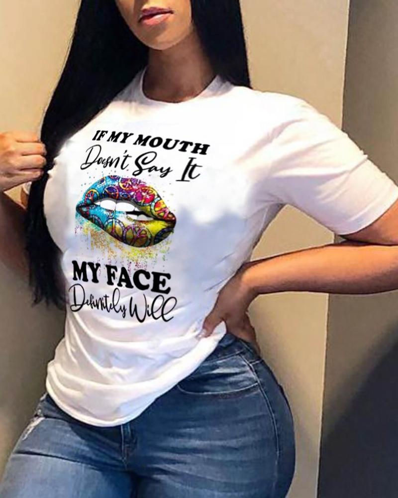 

Lip / Letter / Slogan Print Short Sleeve Casual T-shirt, Style1