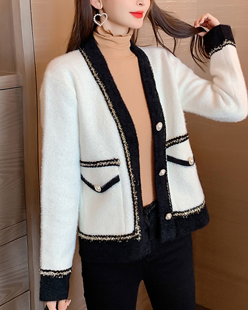 

Colorblock Button Front Tweed Coat, White