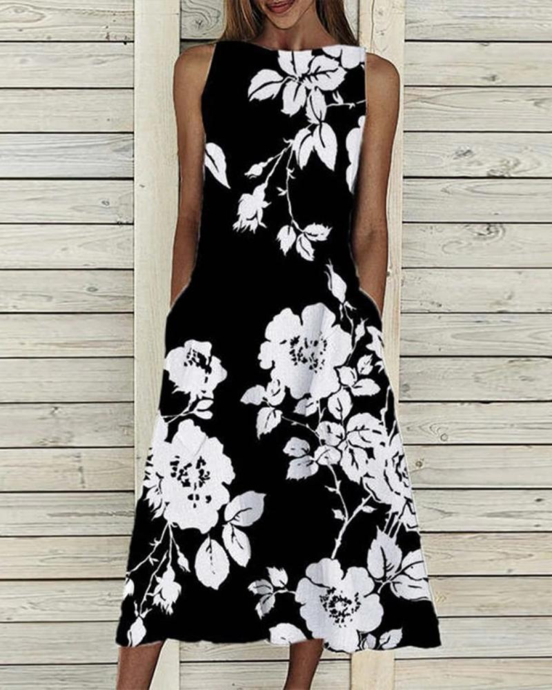 

Sleeveless Floral Print Pocket Design Dress, Black