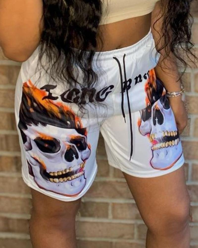 

Skull Print Drawstring Shorts, White