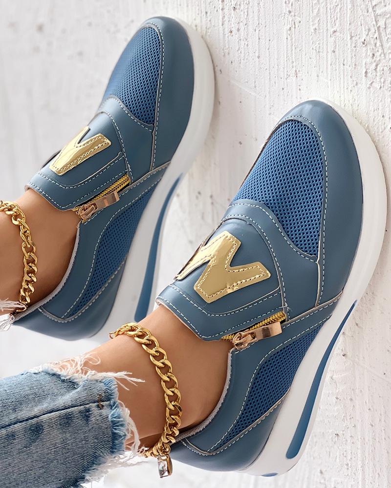 

Letter Pattern Side Zipper Sneakers, Blue