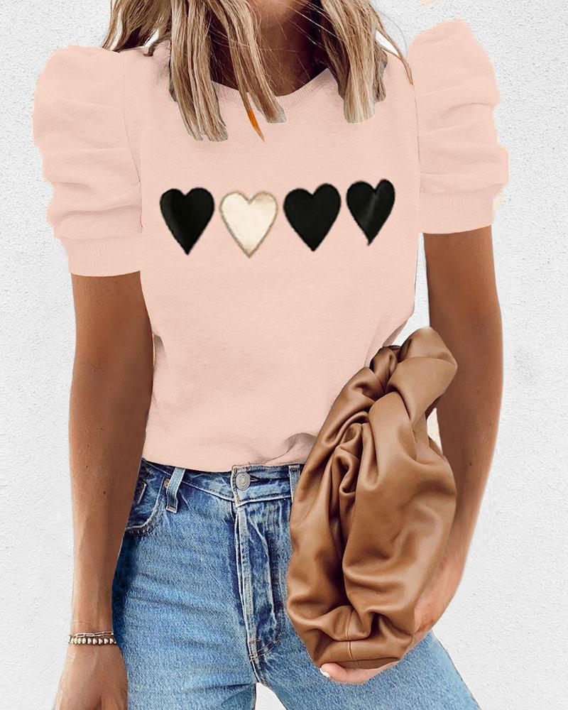 

Heart Print Puffed Sleeve Short Sleeve T-shirt, Pink