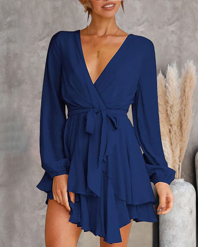 

Long Sleeve Overlap Collar Ruffle Hem Belted Casual Dress, Blue