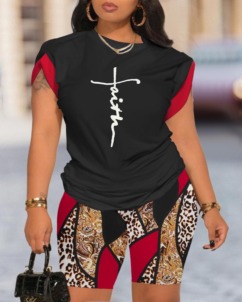 

Plus Size Faith Print Top & Leopard Scarf Print Shorts Set, Black