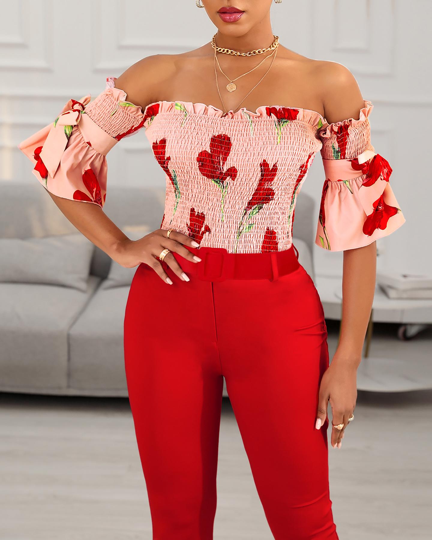 

Off Shoulder Floral Print Shirring Top & Pants Set, Red