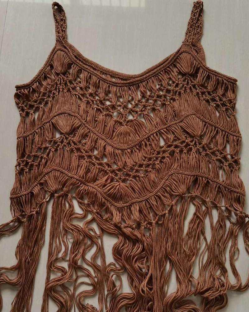 

Tassel Design Hollow Out Beach Cover Up Crochet Dress, Brown