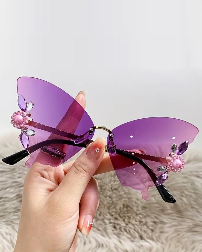 

1Pair Rhinestone Butterfly Shaped Rimless Sunglasses, Purple