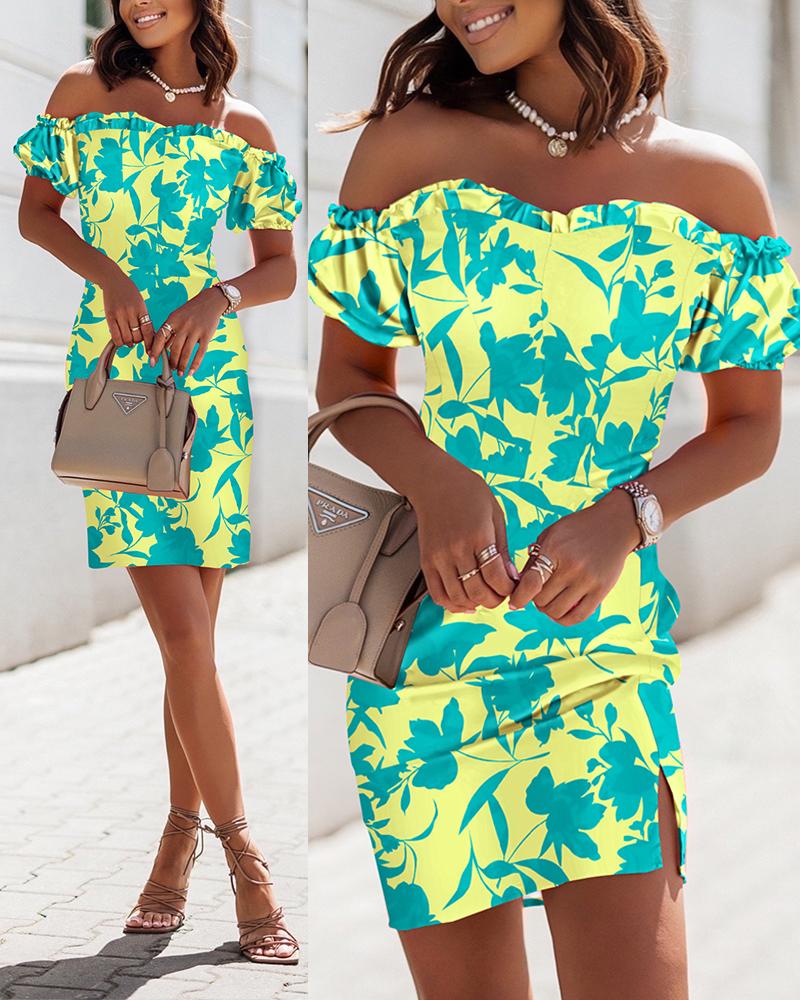

Off Shoulder Frill Hem Plants Print Dress, Yellow