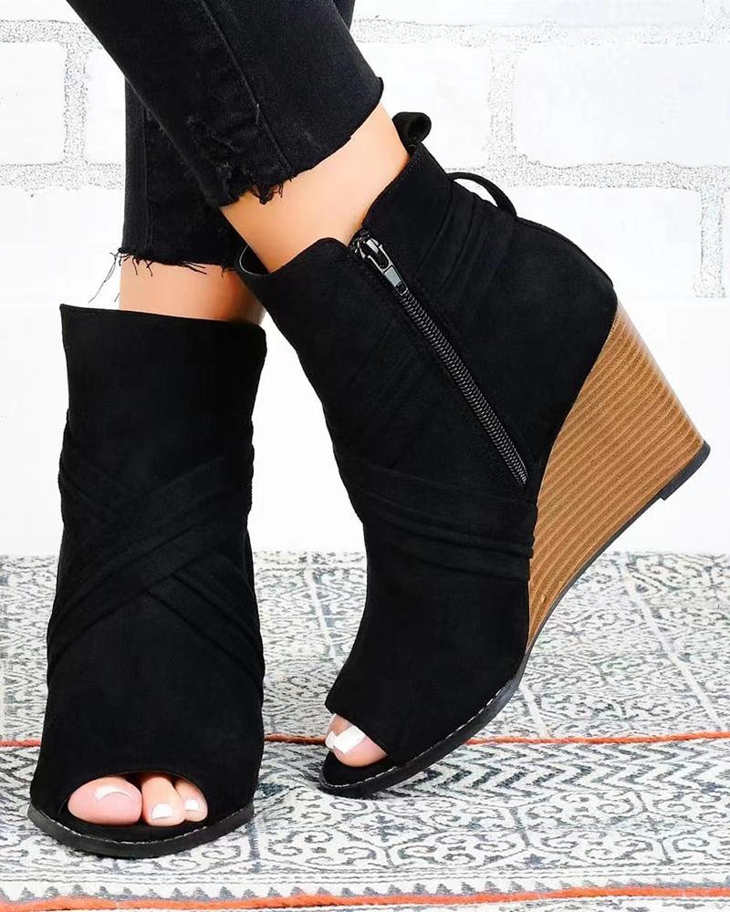 

Peep Toe Crisscross Zipper Design Boots, Black