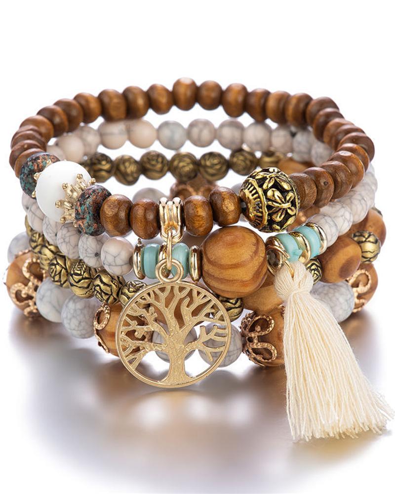 

1pc Hollow Out Plants Beaded Bohemian Multi-layer Bracelet, Beige