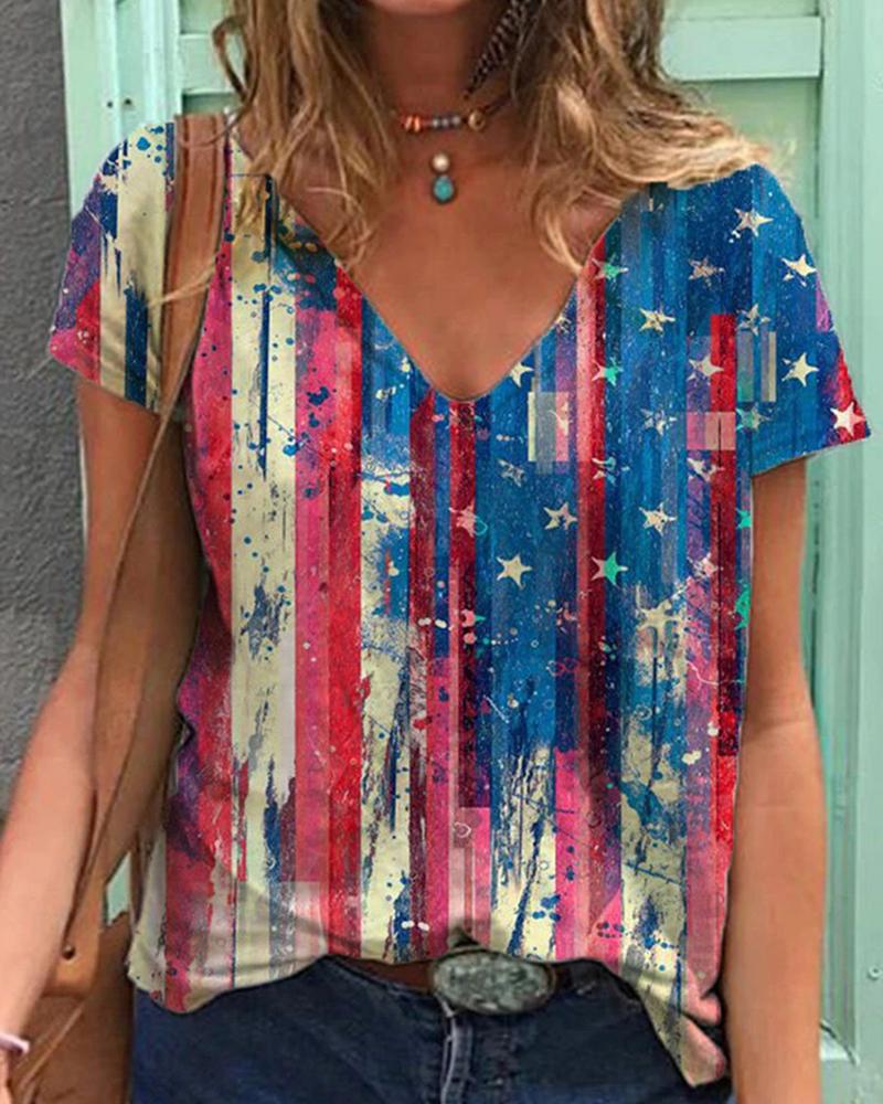 

Independence Day Flag Pattern Print Short Sleeve T-shirt, Blue