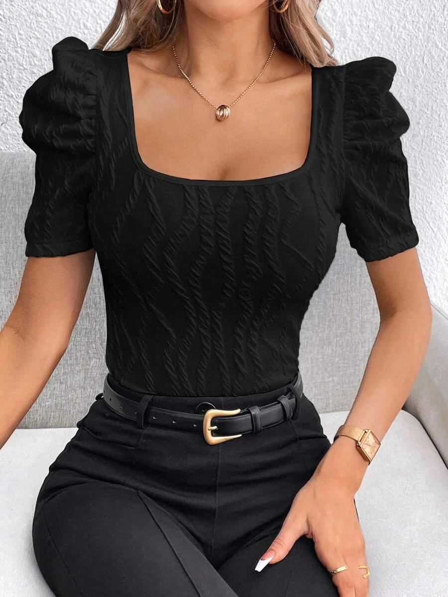 

Puff Sleeve Square Neck Textured Top, Black