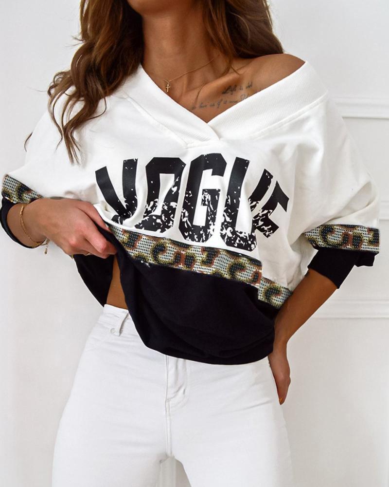 

V Neck Letter Print Sequined Sweatshirt, White