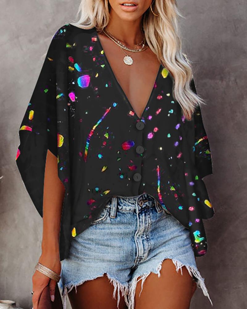 

Colorblock Button Front Batwing Sleeve Top, Black