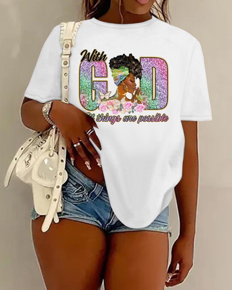 

Plus Size GOD Slogan Figure Print Casual T-shirt, White