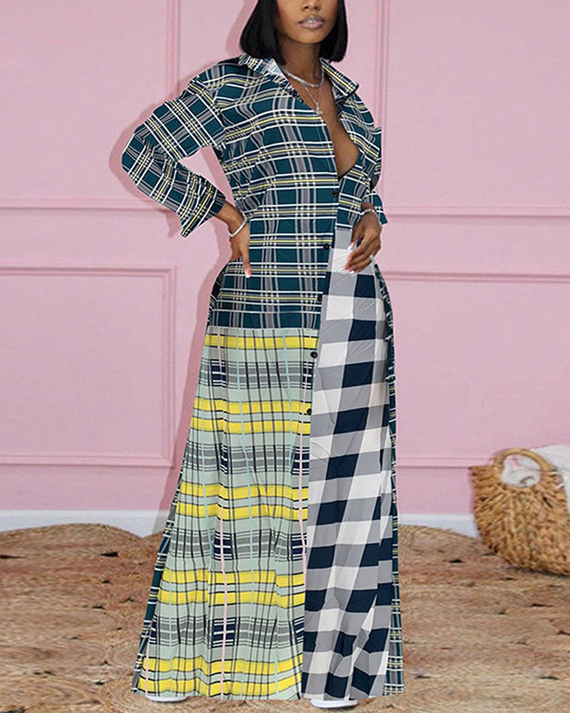 

Plaid Print Button Down Longline Shirt Dress, Multicolor