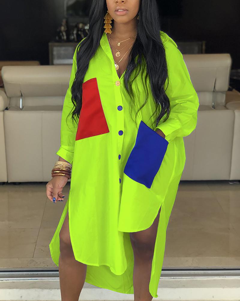 

Colorblock Pocket Design Irregular Women Shirt Dress, Green