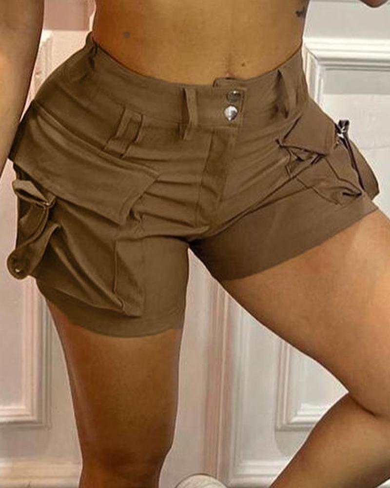 

Pocket Design High Waist Cargo Shorts, Brown