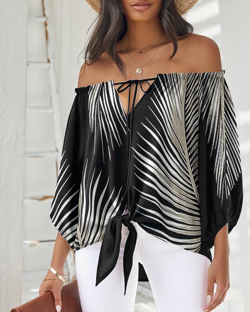 

Leaf Print Tie Detailed Off Shoulder Top, Black