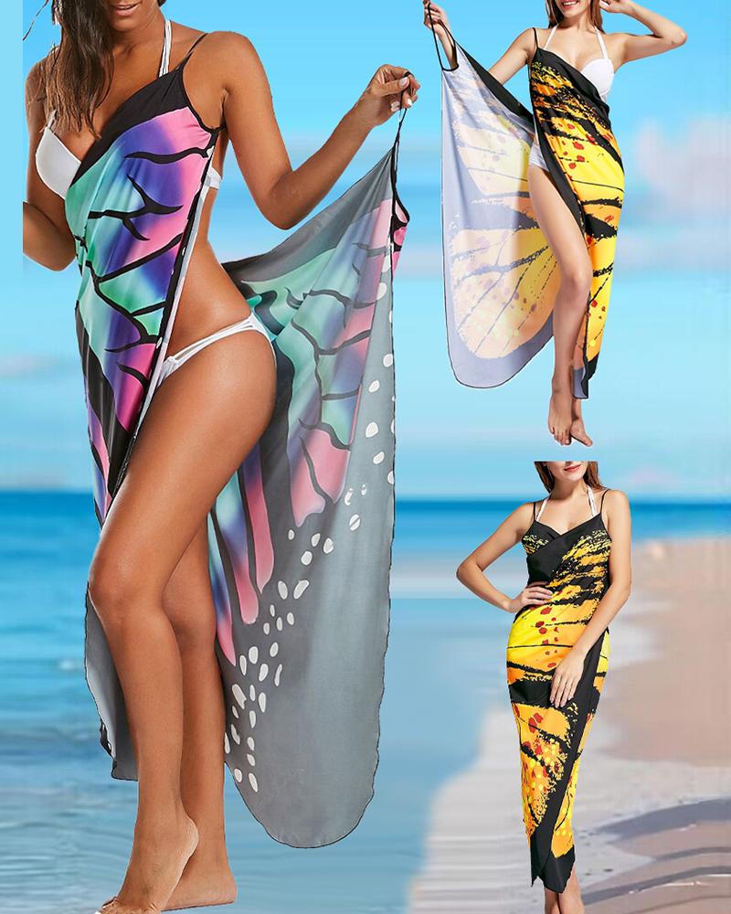 

Butterfly Print Asymmetrical Beach Cover Up Towel Dress, Yellow