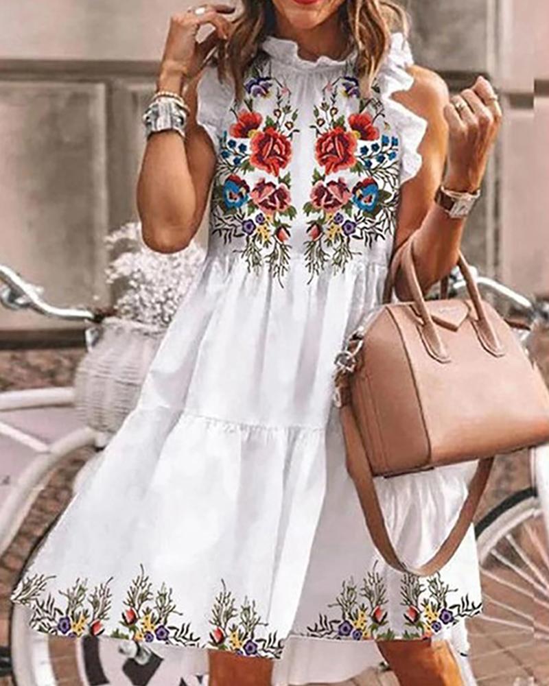 

Floral Print Frill Hem Sleeveless Casual Dress, White