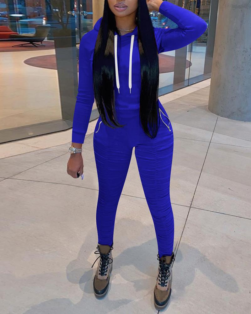 

Solid Drawstring Design Hoodie Top & Pants Set, Dark blue