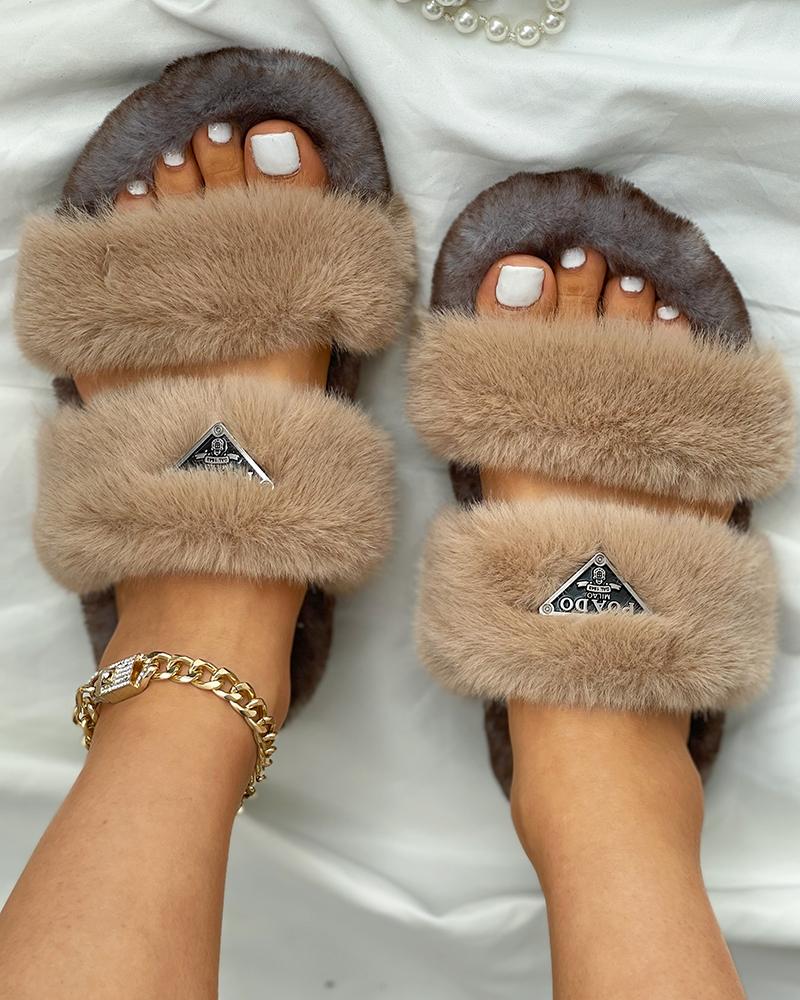 Label Decor Double Band Fluffy Slippers