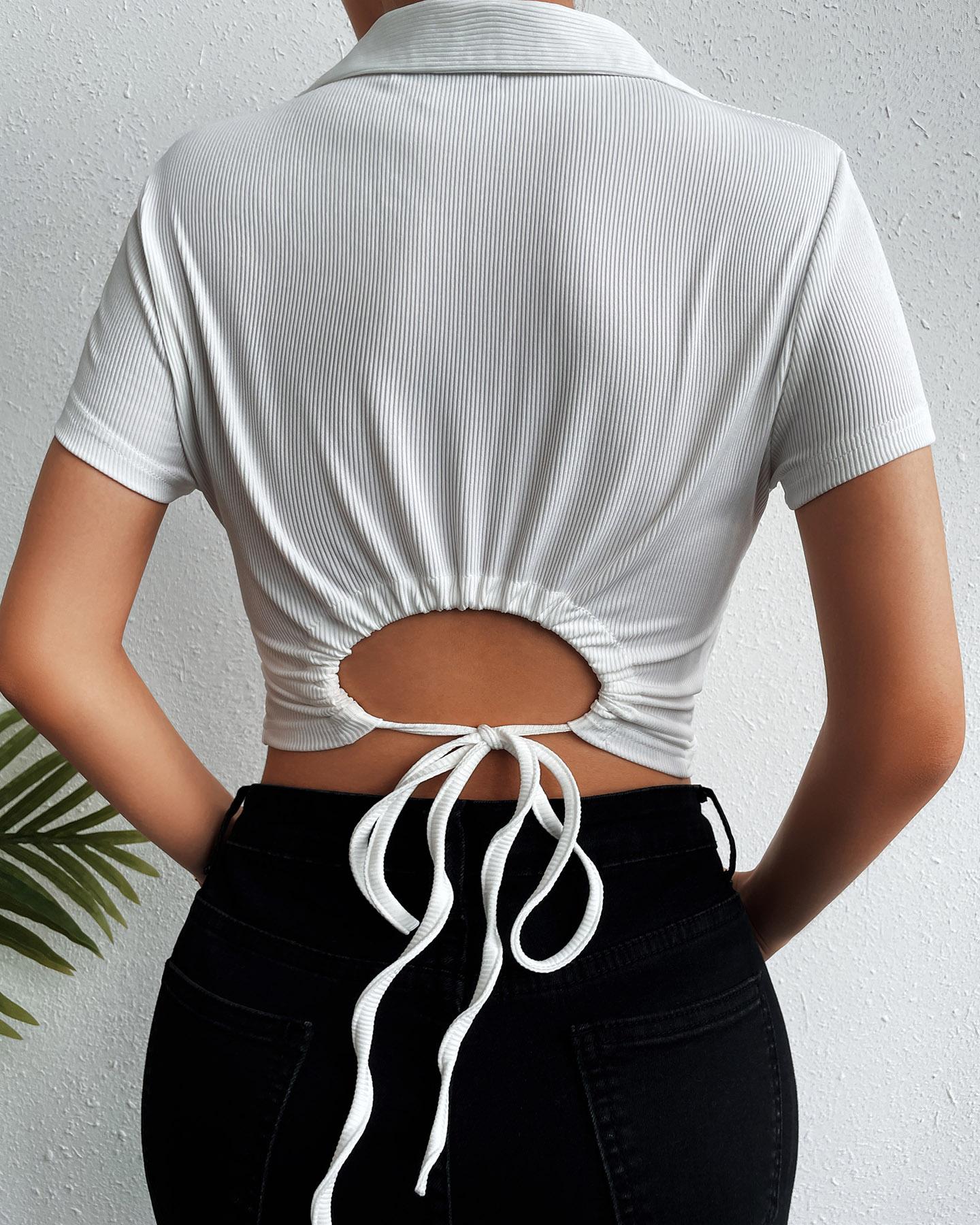 

Plain Drawstring Cutout Short Sleeve T-shirt, White