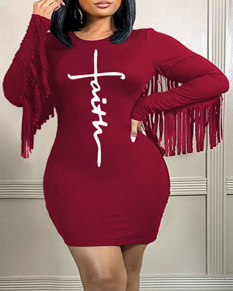 

Plus Size Letter Print Tassel Trim Bodycon Dress, Wine red
