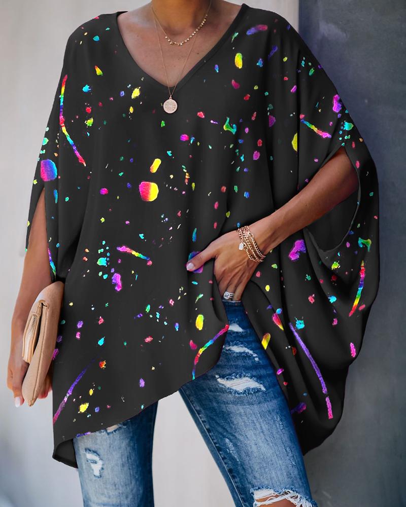 

Ink Splash Print Batwing Sleeve V-Neck Casual Top, Black