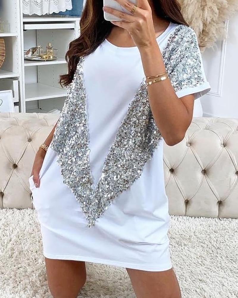 

Sequin Print Round Neck Short Sleeve T-shirt Dress, White